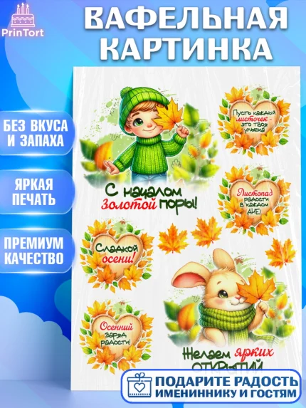 Вафельная картинка, День рождения, осень, осенняя пора, листья, девочка, осенние листья, Мальчик, арт. PT220238
