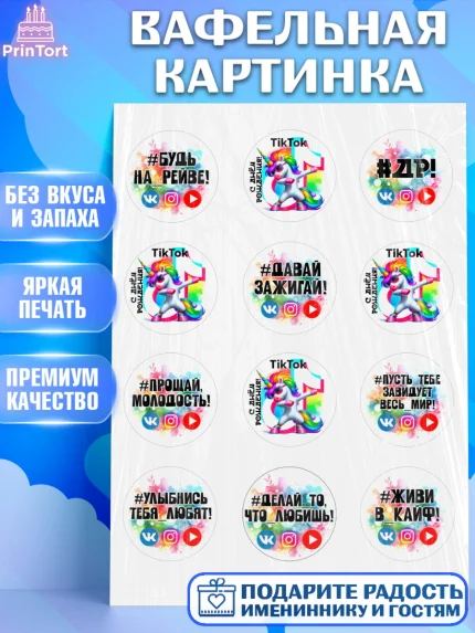 Вафельная картинка, Социальные сети, Тик ток, инстаграм, вк, единорог, ютуб, Tik Tok, You Tube, VK, арт. PT220373