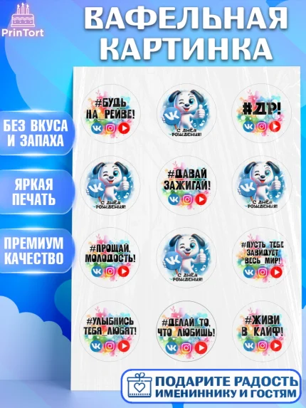 Вафельная картинка, Социальные сети, Тик ток, инстаграм, вк, единорог, ютуб, Tik Tok, You Tube, VK, арт. PT220375