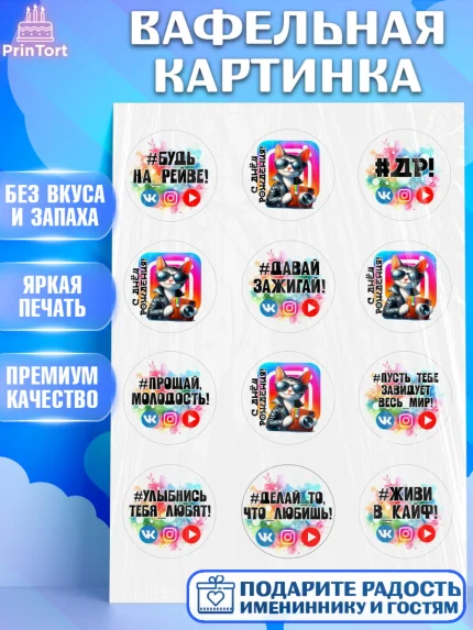 Вафельная картинка, Социальные сети, Тик ток, инстаграм, вк, единорог, ютуб, Tik Tok, You Tube, VK, арт. PT220376