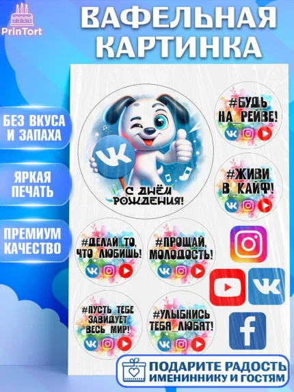 Вафельная картинка, Социальные сети, Тик ток, инстаграм, вк, единорог, ютуб, Tik Tok, You Tube, VK, арт. PT220379