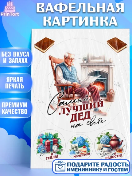 Вафельная картинка, День Рождения дедушки, дедушка, мужчина, часы, корона, книги, сердце, арт. PT220462