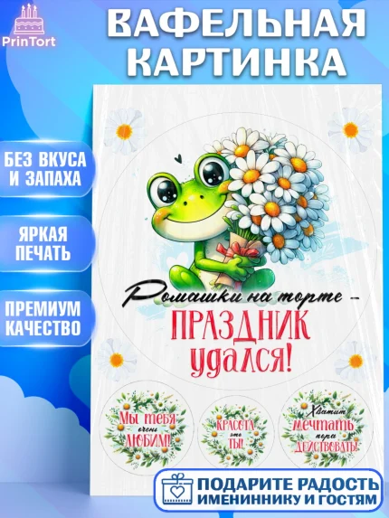 Вафельная картинка, День рождения, Лягушка, принцеса, ромашки, букет, цветы, Девочка, арт. PT220470