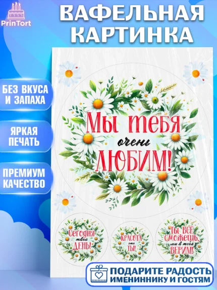 Вафельная картинка, День рождения, Лягушка, принцеса, ромашки, букет, цветы, Девочка, арт. PT220475
