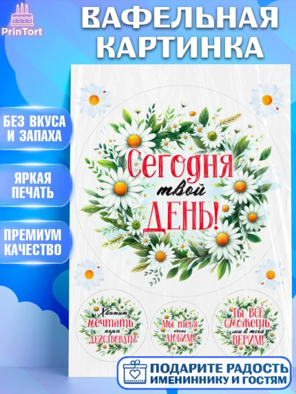 Вафельная картинка, День рождения, Лягушка, принцеса, ромашки, букет, цветы, Девочка, арт. PT220479