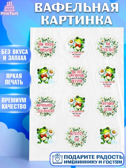 Вафельная картинка, День рождения, Лягушка, принцеса, ромашки, букет, цветы, Девочка, арт. PT220481