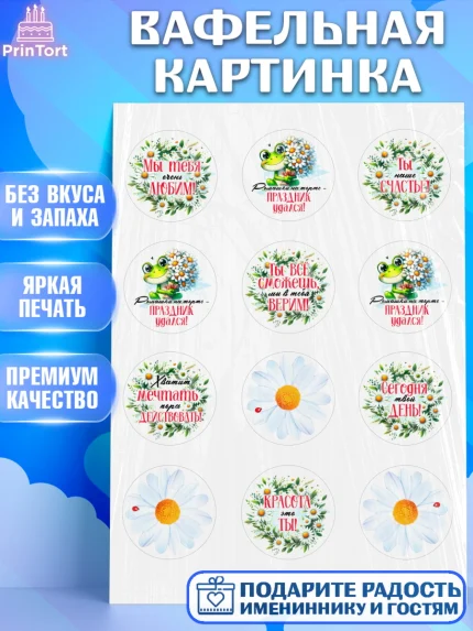 Вафельная картинка, День рождения, Лягушка, принцеса, ромашки, букет, цветы, Девочка, арт. PT220482