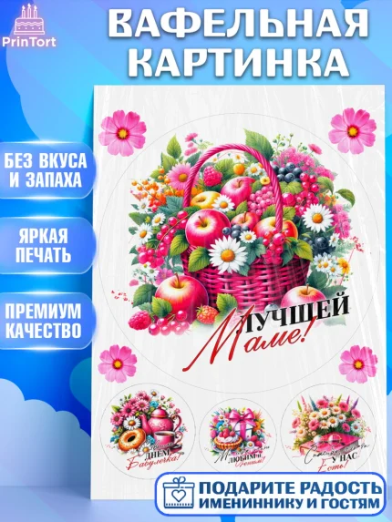 Вафельная картинка, День Рождения бабушки, Женщина, бабушка, бабулечка, цветы, подарок, сердце, арт. PT220511