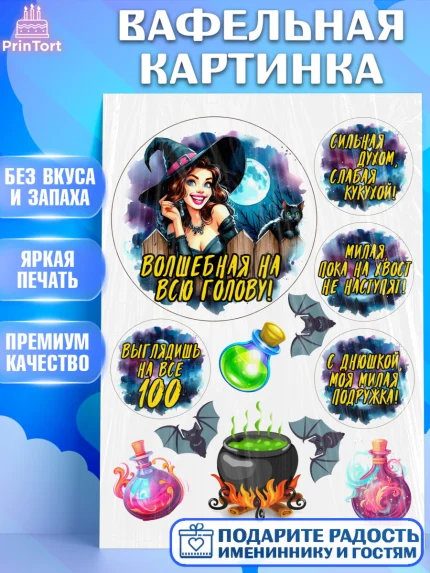 Вафельная картинка, Ведьмы не стареют, ведьма, луна, зелье, женщина, летучая мышь, Девочка, арт. PT220613