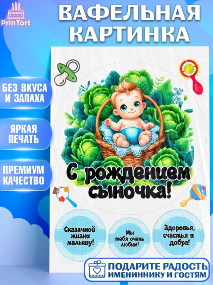 Вафельная картинка, С рождением сыночка, мальчик, сынок, малыш, ребенок, аист, погремушка, арт. PT220652