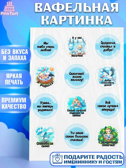 Вафельная картинка, С рождением сыночка, мальчик, сынок, малыш, ребенок, аист, погремушка, арт. PT220659