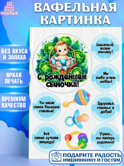 Вафельная картинка, С рождением сыночка, мальчик, сынок, малыш, ребенок, аист, погремушка, арт. PT220660