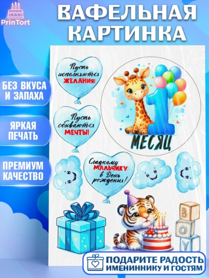Вафельная картинка, День Рождение малыша, звери, животные, зоопарк, мальчику, шарики, Мальчик, арт. PT220854