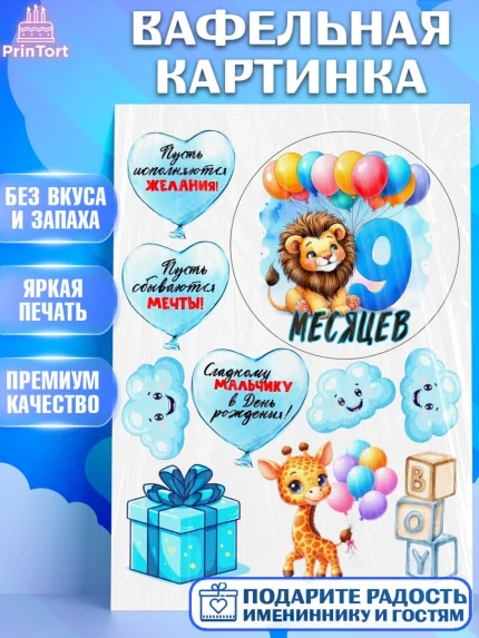 Вафельная картинка, День Рождение малыша, звери, животные, зоопарк, мальчику, шарики, Мальчик, арт. PT220862