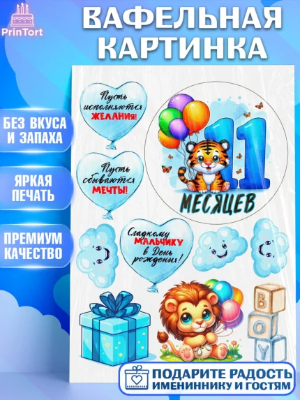 Вафельная картинка, День Рождение малыша, звери, животные, зоопарк, мальчику, шарики, Мальчик, арт. PT220864