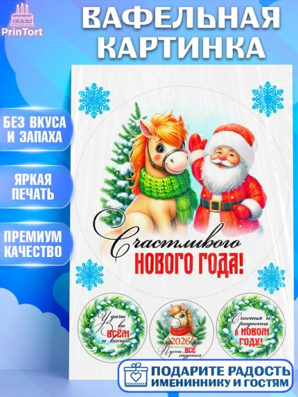 Вафельная картинка, Год лошади, Новый год, 2026, лошадь, лошадка, Ёлка, дед Мороз, Девочка, арт. PT221221