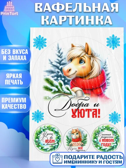 Вафельная картинка, Год лошади, Новый год, 2026, лошадь, лошадка, Ёлка, дед Мороз, Девочка, арт. PT221222