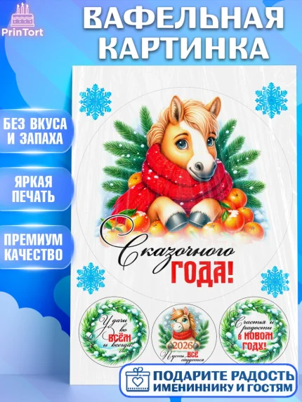 Вафельная картинка, Год лошади, Новый год, 2026, лошадь, лошадка, Ёлка, дед Мороз, Девочка, арт. PT221223