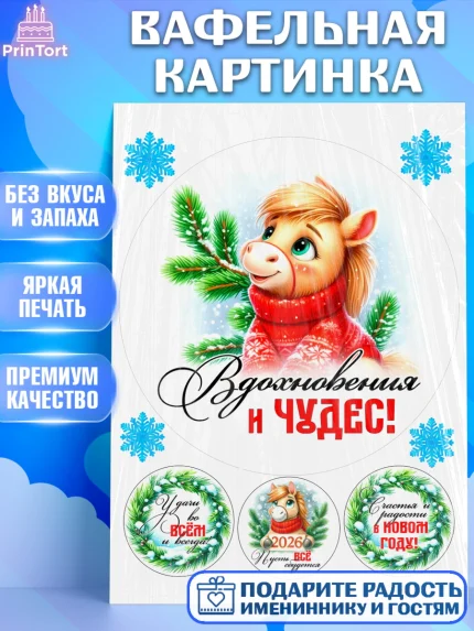 Вафельная картинка, Год лошади, Новый год, 2026, лошадь, лошадка, Ёлка, дед Мороз, Девочка, арт. PT221225