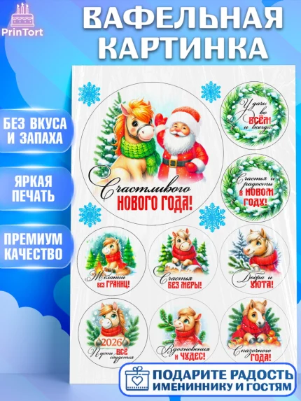 Вафельная картинка, Год лошади, Новый год, 2026, лошадь, лошадка, Ёлка, дед Мороз, Девочка, арт. PT221231