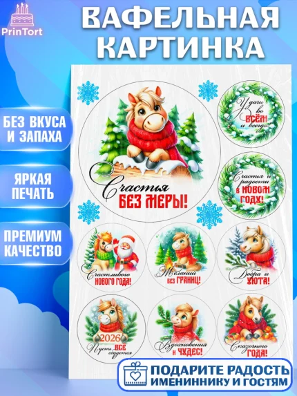 Вафельная картинка, Год лошади, Новый год, 2026, лошадь, лошадка, Ёлка, дед Мороз, Девочка, арт. PT221233