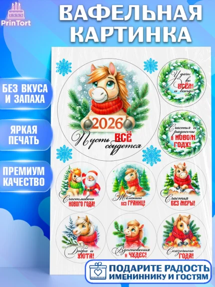 Вафельная картинка, Год лошади, Новый год, 2026, лошадь, лошадка, Ёлка, дед Мороз, Девочка, арт. PT221235