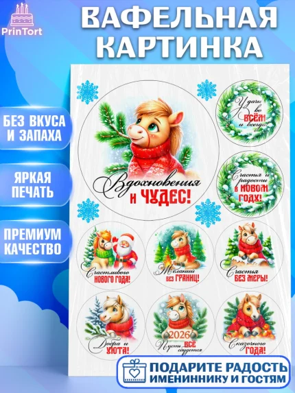 Вафельная картинка, Год лошади, Новый год, 2026, лошадь, лошадка, Ёлка, дед Мороз, Девочка, арт. PT221236