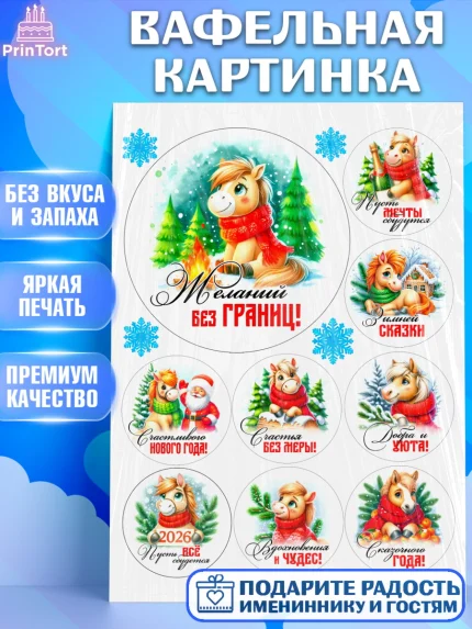 Вафельная картинка, Год лошади, Новый год, 2026, лошадь, лошадка, Ёлка, дед Мороз, Девочка, арт. PT221242