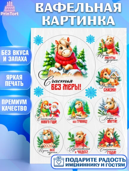 Вафельная картинка, Год лошади, Новый год, 2026, лошадь, лошадка, Ёлка, дед Мороз, Девочка, арт. PT221243
