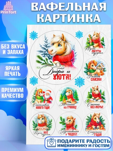Вафельная картинка, Год лошади, Новый год, 2026, лошадь, лошадка, Ёлка, дед Мороз, Девочка, арт. PT221244