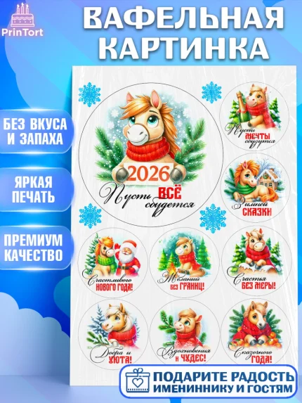 Вафельная картинка, Год лошади, Новый год, 2026, лошадь, лошадка, Ёлка, дед Мороз, Девочка, арт. PT221245