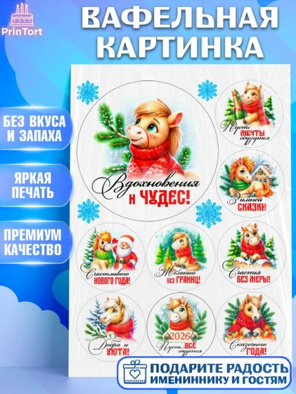 Вафельная картинка, Год лошади, Новый год, 2026, лошадь, лошадка, Ёлка, дед Мороз, Девочка, арт. PT221246