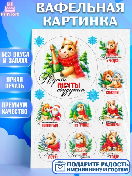 Вафельная картинка, Год лошади, Новый год, 2026, лошадь, лошадка, Ёлка, дед Мороз, Девочка, арт. PT221247