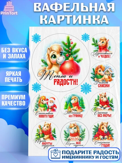 Вафельная картинка, Год лошади, Новый год, 2026, лошадь, лошадка, Ёлка, дед Мороз, Девочка, арт. PT221248