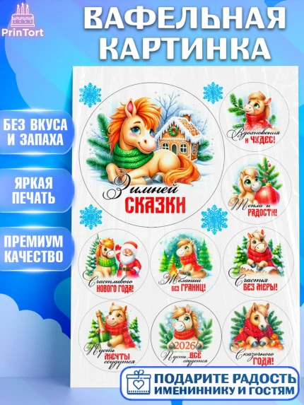 Вафельная картинка, Год лошади, Новый год, 2026, лошадь, лошадка, Ёлка, дед Мороз, Девочка, арт. PT221249