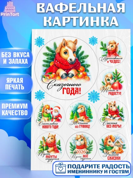 Вафельная картинка, Год лошади, Новый год, 2026, лошадь, лошадка, Ёлка, дед Мороз, Девочка, арт. PT221250