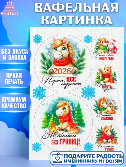 Вафельная картинка, Год лошади, Новый год, 2026, лошадь, лошадка, Ёлка, дед Мороз, Девочка, арт. PT221253