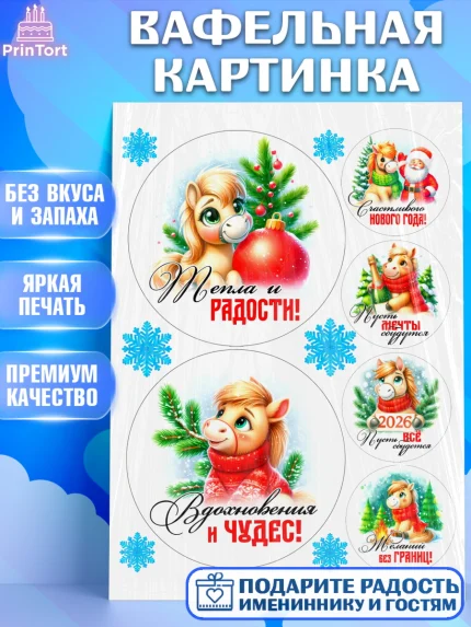 Вафельная картинка, Год лошади, Новый год, 2026, лошадь, лошадка, Ёлка, дед Мороз, Девочка, арт. PT221254