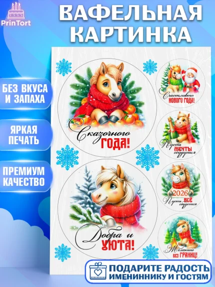 Вафельная картинка, Год лошади, Новый год, 2026, лошадь, лошадка, Ёлка, дед Мороз, Девочка, арт. PT221255
