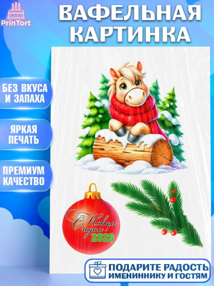 Вафельная картинка, Год лошади, Новый год, 2026, лошадь, лошадка, Ёлка, дед Мороз, Девочка, арт. PT221257
