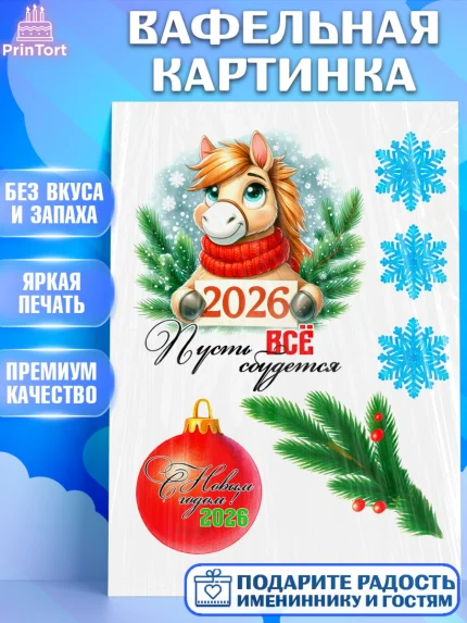 Вафельная картинка, Год лошади, Новый год, 2026, лошадь, лошадка, Ёлка, дед Мороз, Девочка, арт. PT221259