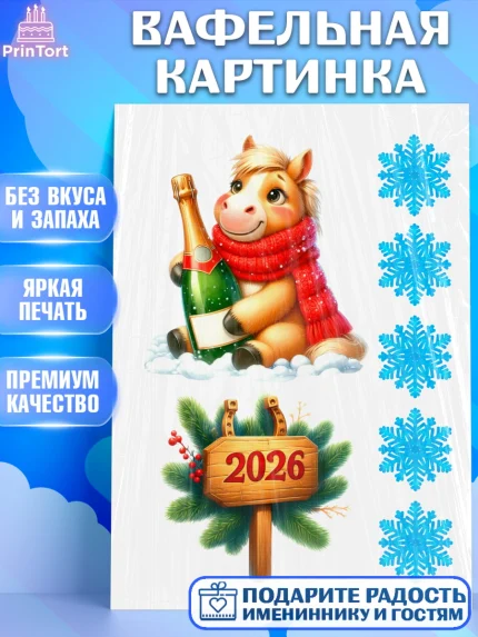 Вафельная картинка, Год лошади, Новый год, 2026, лошадь, лошадка, Ёлка, дед Мороз, Девочка, арт. PT221260