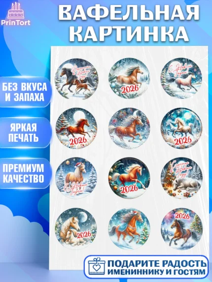 Вафельная картинка, Год лошади 2026, Новый год, 2026, лошадь, лошадка, Ёлка, дед Мороз, год лошади, арт. PT221312