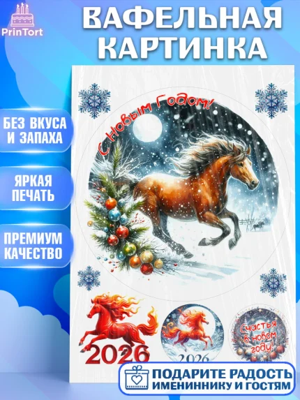 Вафельная картинка, Год лошади 2026, Новый год, 2026, лошадь, лошадка, Ёлка, дед Мороз, год лошади, арт. PT221314
