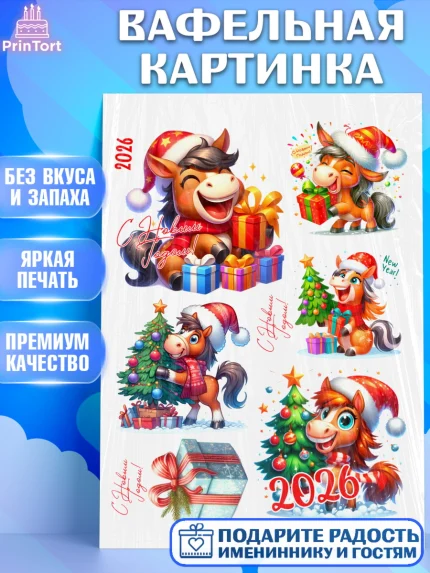 Вафельная картинка, Год лошади 2026, Новый год, 2026, лошадь, лошадка, Ёлка, дед Мороз, год лошади, арт. PT221316