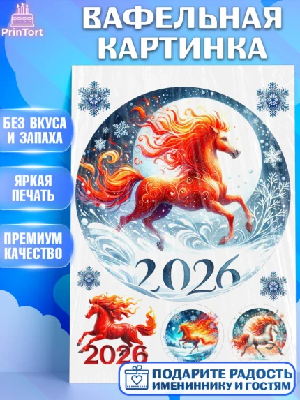 Вафельная картинка, Год лошади 2026, Новый год, 2026, лошадь, лошадка, Ёлка, дед Мороз, год лошади, арт. PT221317