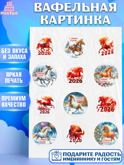Вафельная картинка, Год лошади 2026, Новый год, 2026, лошадь, лошадка, Ёлка, дед Мороз, год лошади, арт. PT221321