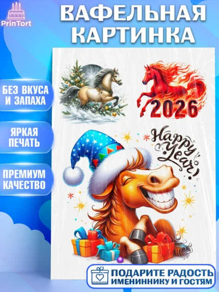 Вафельная картинка, Год лошади 2026, Новый год, 2026, лошадь, лошадка, Ёлка, дед Мороз, год лошади, арт. PT221322