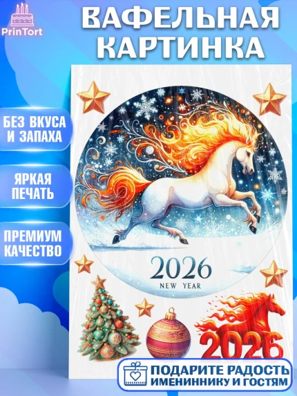 Вафельная картинка, Год лошади 2026, Новый год, 2026, лошадь, лошадка, Ёлка, дед Мороз, год лошади, арт. PT221323