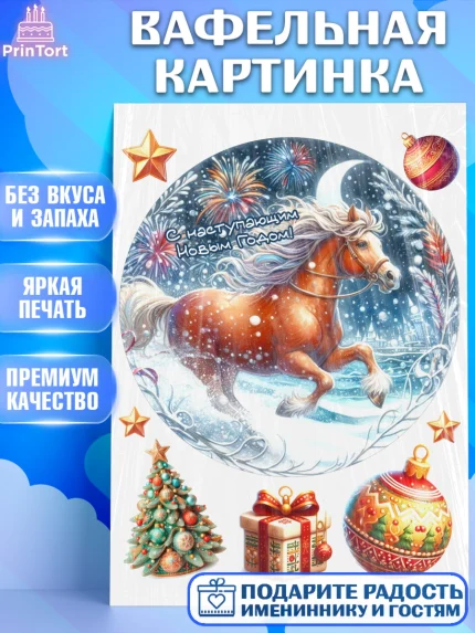 Вафельная картинка, Год лошади 2026, Новый год, 2026, лошадь, лошадка, Ёлка, дед Мороз, год лошади, арт. PT221325